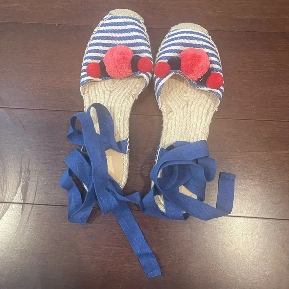J. Crew Blue stripe & Red pompom Espadrille Sandals with Ribbon Ties - Picture 11 of 11